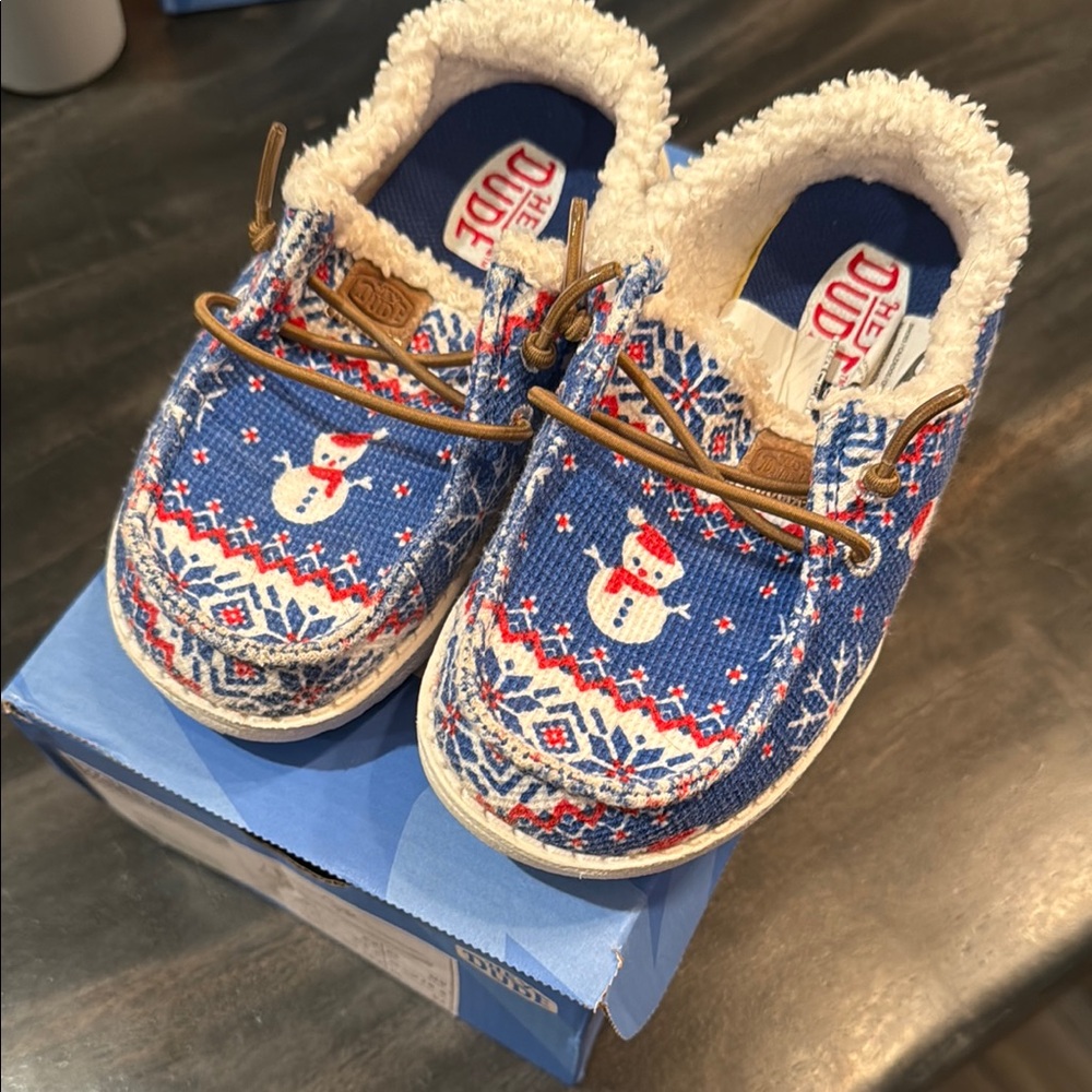Hey Dude Blue Slippers with Winter Pattern and Plush Lining